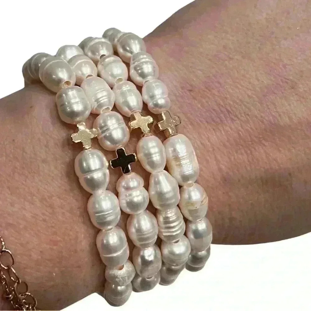 Rice Pearl Bracelet with 14k Gold Filled Cross